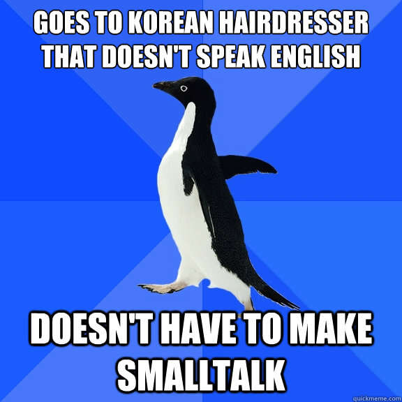 Goes to korean hairdresser 
that doesn't speak English doesn't have to make smalltalk  Socially Awkward Penguin