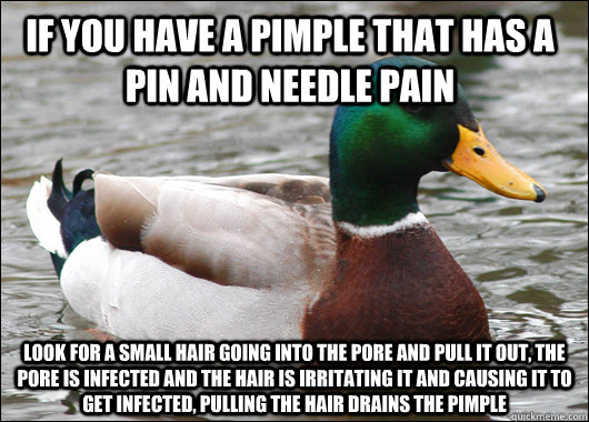 If you have a pimple that has a pin and needle pain Look for a small hair going into the pore and pull it out, the pore is infected and the hair is irritating it and causing it to get infected, pulling the hair drains the pimple  Actual Advice Mallard