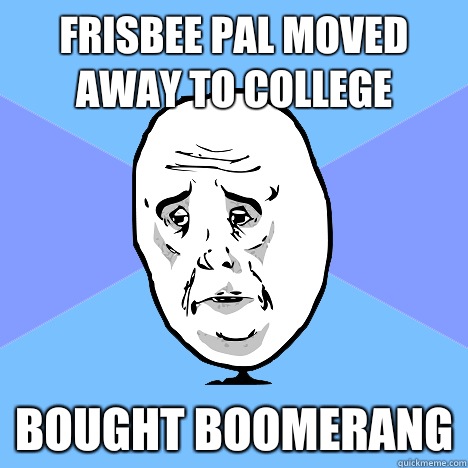 Frisbee pal moved away to college Bought boomerang  Okay Guy
