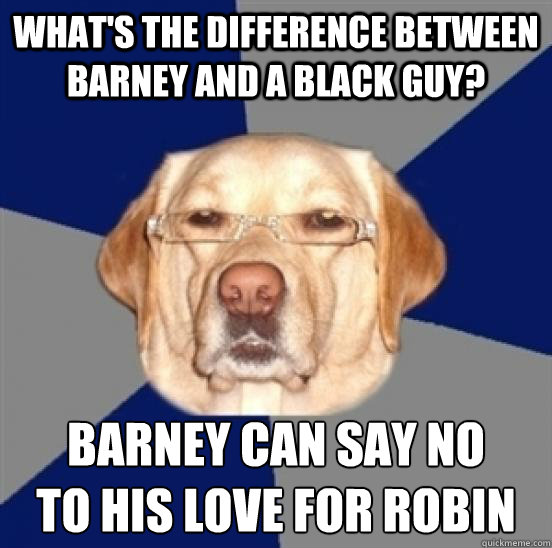 What's the difference between Barney and a black guy? Barney can say no 
to his love for robin  Racist Dog