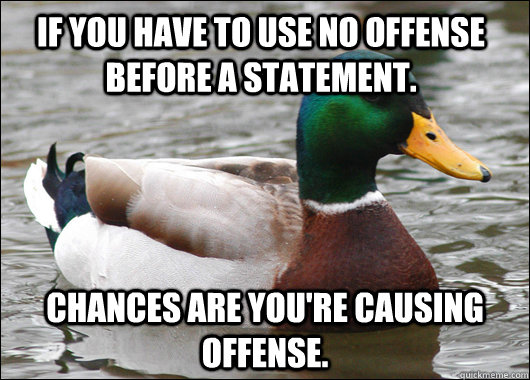 If you have to use no offense before a statement. Chances are you're causing offense.   Actual Advice Mallard