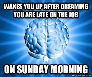 Wakes you up after dreaming you are late on the job On sunday morning  Good Guy Brain