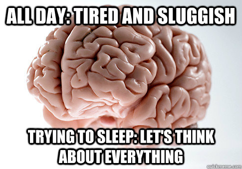 All Day: Tired and sluggish  Trying to sleep: LET's THINK ABOUT EVERYTHING  Scumbag Brain