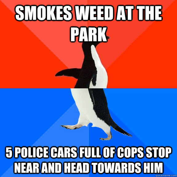 Smokes weed at the park 5 police cars full of cops stop near and head towards him  Socially Awesome Awkward Penguin