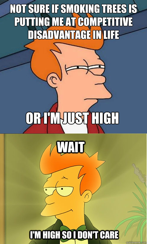 not sure if smoking trees is putting me at competitive disadvantage in life or I'm just high wait i'm high so i don't care  Enlightened Fry