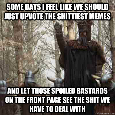 Some days I feel like we should just upvote the shittiest memes And let those spoiled bastards on the front page see the shit we have to deal with - Some days I feel like we should just upvote the shittiest memes And let those spoiled bastards on the front page see the shit we have to deal with  The Knights Of New