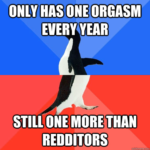 Only has one orgasm every year Still one more than redditors  Socially Awkward Awesome Penguin