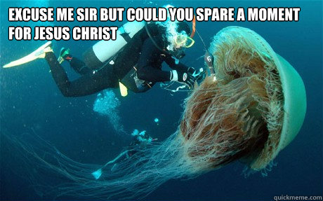 EXCUSE ME SIR BUT COULD YOU SPARE A MOMENT FOR JESUS CHRIST   jellyfish