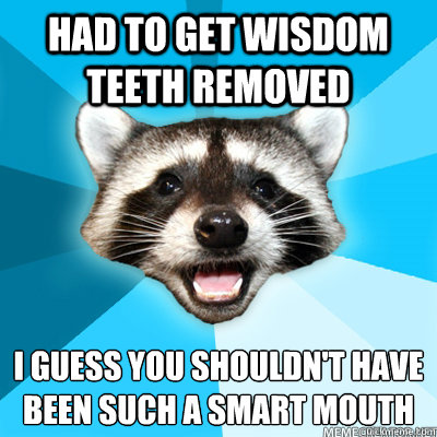 Had to get wisdom teeth removed I guess you shouldn't have been such a smart mouth - Had to get wisdom teeth removed I guess you shouldn't have been such a smart mouth  Lame Pun Raccoon