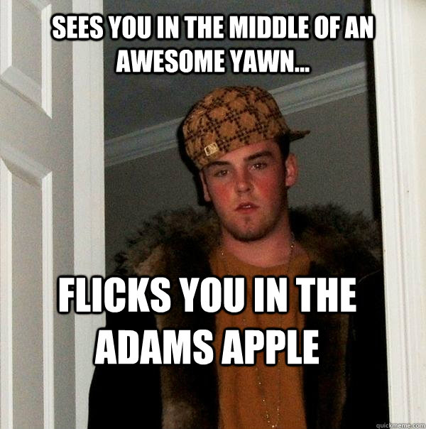 Sees you in the middle of an awesome yawn... flicks you in the adams apple  Scumbag Steve