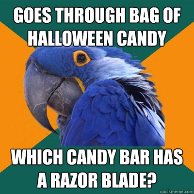 goes through bag of Halloween candy which candy bar has a razor blade?  Paranoid Parrot