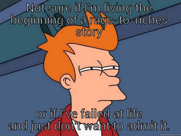NOT SURE IF I'M LIVING THE BEGINNING OF A RAGS-TO-RICHES STORY OR IF I'VE FAILED AT LIFE AND JUST DON'T WANT TO ADMIT IT. Futurama Fry
