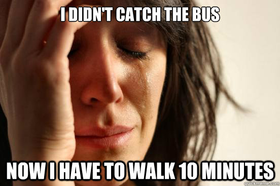 I didn't catch the bus Now I have to walk 10 minutes  First World Problems