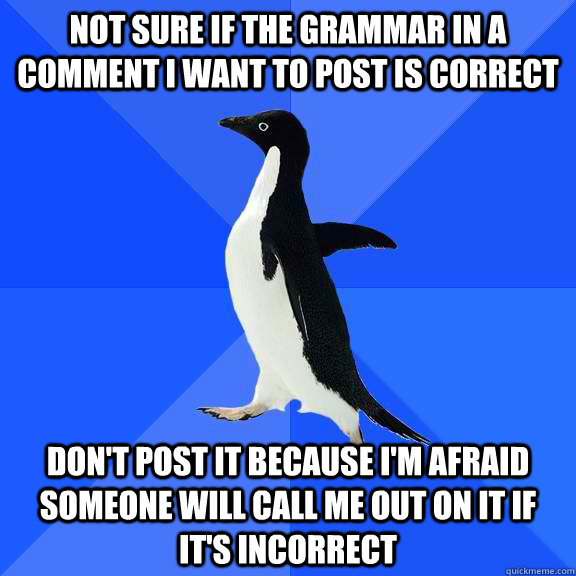 Not sure if the grammar in a comment I want to post is correct Don't post it because I'm afraid someone will call me out on it if it's incorrect  Socially Awkward Penguin