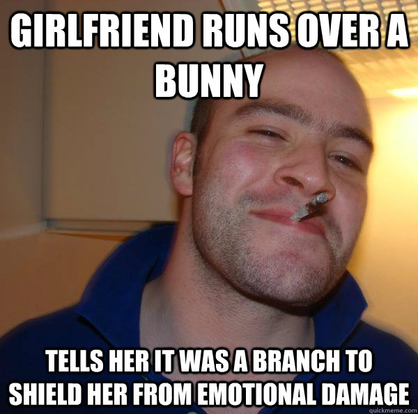 girlfriend runs over a bunny tells her it was a branch to shield her from emotional damage - girlfriend runs over a bunny tells her it was a branch to shield her from emotional damage  Misc