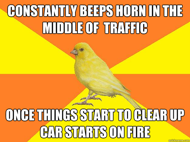 constantly beeps horn in the middle of  traffic once things start to clear up car starts on fire  