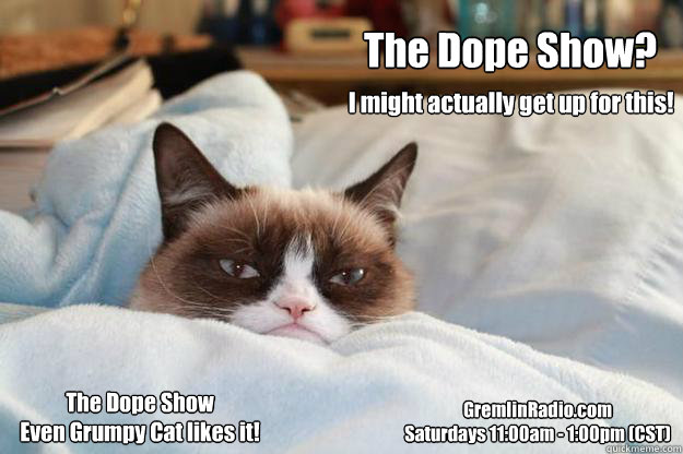 The Dope Show? 
 I might actually get up for this! The Dope Show
Even Grumpy Cat likes it!
 GremlinRadio.com
Saturdays 11:00am - 1:00pm (CST)  