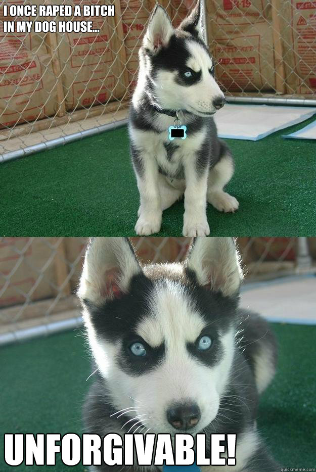 I once raped a bitch
in my dog house... UNFORGIVABLE!  Insanity puppy