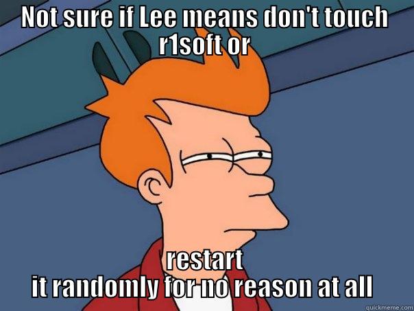 NOT SURE IF LEE MEANS DON'T TOUCH R1SOFT OR RESTART IT RANDOMLY FOR NO REASON AT ALL  Futurama Fry
