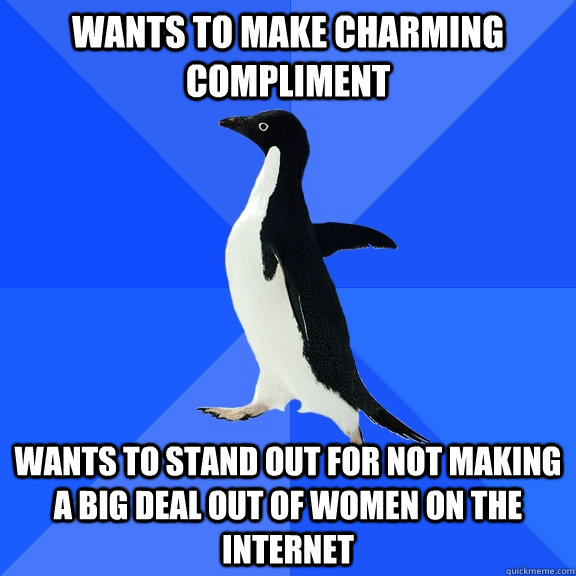 Wants to make charming compliment Wants to stand out for not making a big deal out of women on the internet  Socially Awkward Penguin