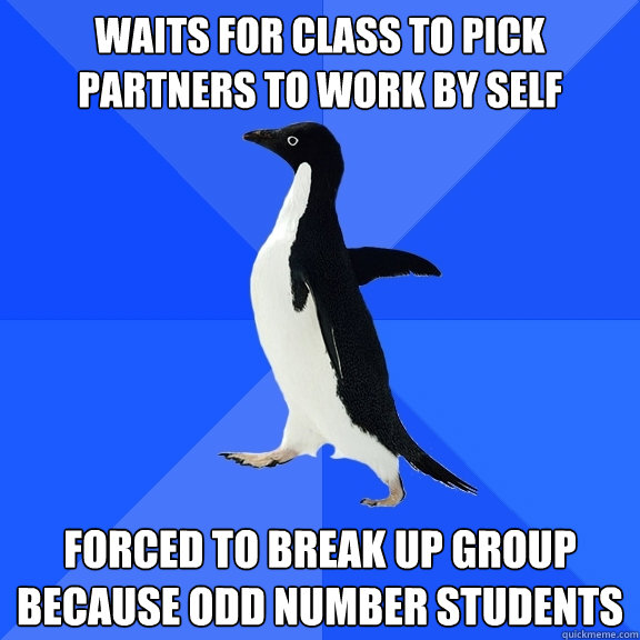 Waits for class to pick partners to work by self forced to break up group because odd number students  Socially Awkward Penguin