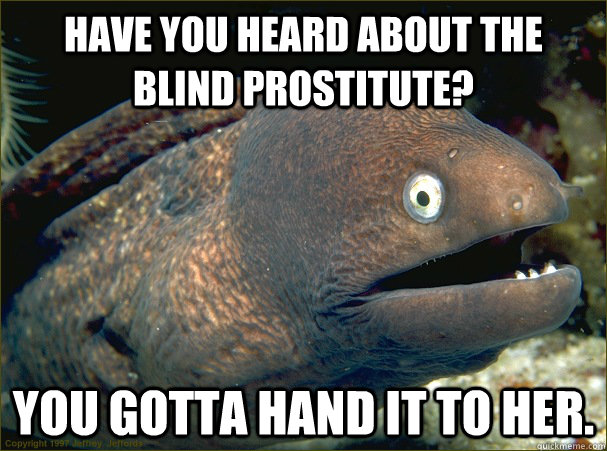 Have you heard about the blind prostitute? You gotta hand it to her.  Bad Joke Eel