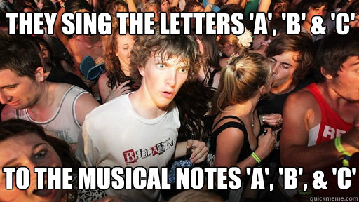 They sing the letters 'A', 'B' & 'C' To the musical notes 'A', 'B', & 'C'  Sudden Clarity Clarence