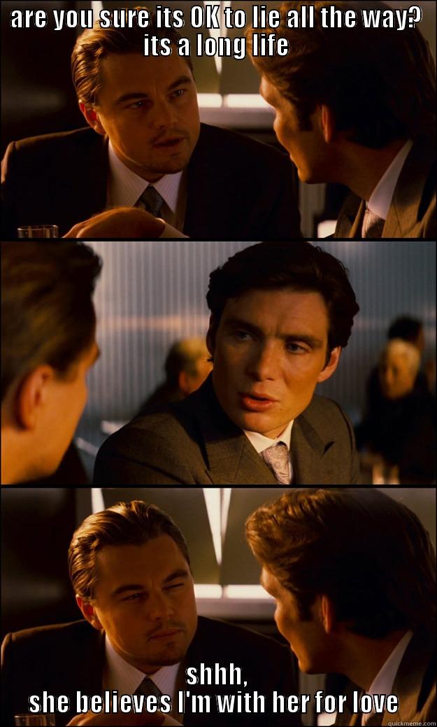 ARE YOU SURE ITS OK TO LIE ALL THE WAY? ITS A LONG LIFE SHHH, SHE BELIEVES I'M WITH HER FOR LOVE  Inception