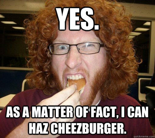 Yes. As a matter of fact, I CAN haz cheezburger. - Yes. As a matter of fact, I CAN haz cheezburger.  Anti-meme Trey