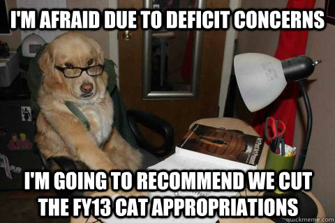 I'm afraid due to deficit concerns I'm going to recommend we cut the FY13 Cat Appropriations   Financial Advice Dog