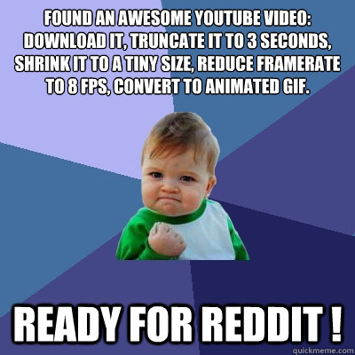 Found an awesome YouTube video:
Download it, truncate it to 3 seconds, shrink it to a tiny size, reduce framerate to 8 FPS, convert to animated gif. READY FOR REDDIT !  Success Kid