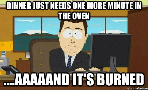 dinner just needs one more minute in the oven ....Aaaaand it's burned  anditsgone