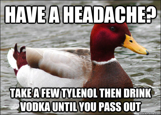 have a headache? take a few tylenol then drink vodka until you pass out  Malicious Advice Mallard