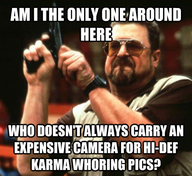 AM I THE ONLY ONE AROUND HERE WHO DOESN'T ALWAYS CARRY AN EXPENSIVE CAMERA FOR HI-DEF KARMA WHORING PICS?  untitled meme