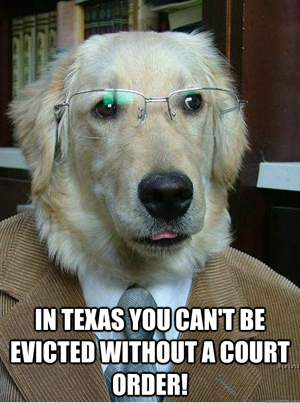 In Texas you can't be evicted without a court order!  Famous Dog Lawyer
