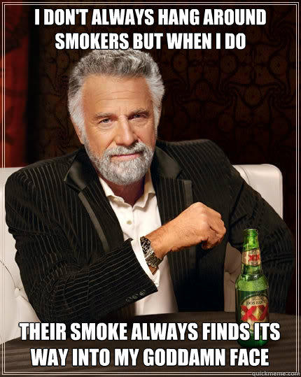 I DON'T ALWAYS HANG AROUND SMOKERS BUT WHEN I DO THEIR SMOKE ALWAYS FINDS ITS WAY INTO MY GODDAMN FACE - I DON'T ALWAYS HANG AROUND SMOKERS BUT WHEN I DO THEIR SMOKE ALWAYS FINDS ITS WAY INTO MY GODDAMN FACE  The Most Interesting Man In The World