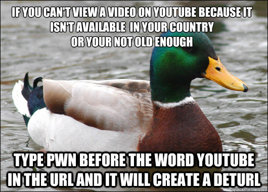 If you can't view a video on youtube because it isn't available  in your country
or your not old enough Type pwn before the word youtube in the url and it will create a deturl - If you can't view a video on youtube because it isn't available  in your country
or your not old enough Type pwn before the word youtube in the url and it will create a deturl  Actual Advice Mallard