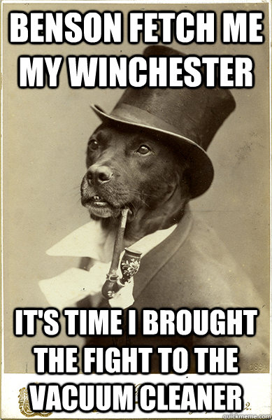 Benson fetch me my Winchester It's time I brought the fight to the vacuum cleaner  Old Money Dog