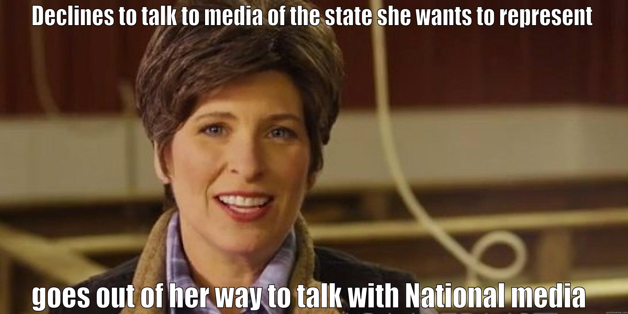 DECLINES TO TALK TO MEDIA OF THE STATE SHE WANTS TO REPRESENT GOES OUT OF HER WAY TO TALK WITH NATIONAL MEDIA  Misc