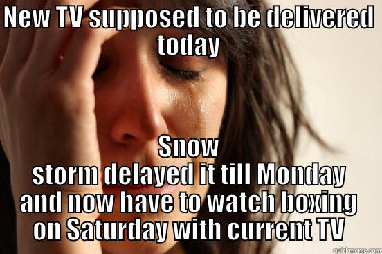 NEW TV SUPPOSED TO BE DELIVERED TODAY SNOW STORM DELAYED IT TILL MONDAY AND NOW HAVE TO WATCH BOXING ON SATURDAY WITH CURRENT TV First World Problems