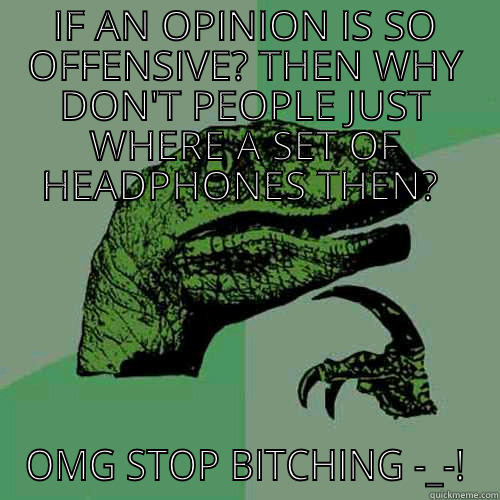 IF AN OPINION IS SO OFFENSIVE? THEN WHY DON'T PEOPLE JUST WHERE A SET OF HEADPHONES THEN?  OMG STOP BITCHING -_-! Philosoraptor