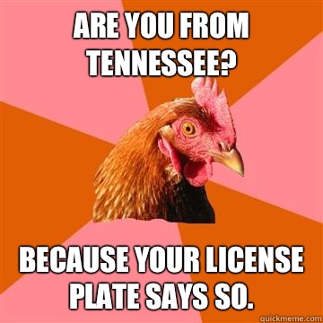 Are you from Tennessee? Because your license plate says so.  Anti-Joke Chicken