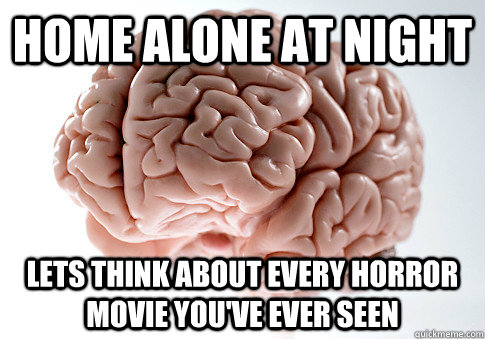 HOME ALONE AT NIGHT LETS THINK ABOUT EVERY HORROR MOVIE YOU'VE EVER SEEN  Caption 4 goes here  Scumbag Brain