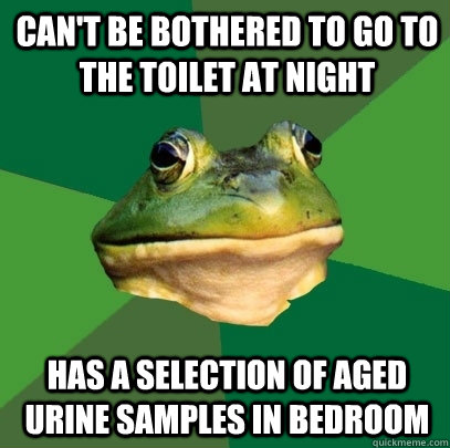 can't be bothered to go to the toilet at night has a selection of aged urine samples in bedroom  Foul Bachelor Frog