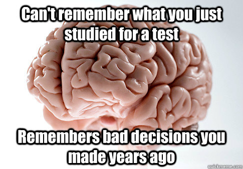 Can't remember what you just studied for a test Remembers bad decisions you made years ago  Scumbag Brain