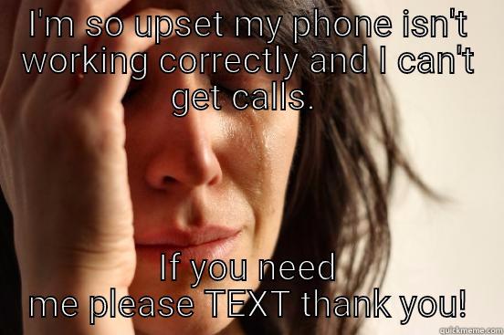 I'M SO UPSET MY PHONE ISN'T WORKING CORRECTLY AND I CAN'T GET CALLS.  IF YOU NEED ME PLEASE TEXT THANK YOU! First World Problems