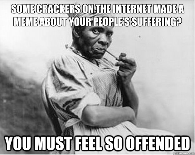 Some crackers on the internet made a meme about your people's suffering? You must feel so offended  Unimpressed Slave