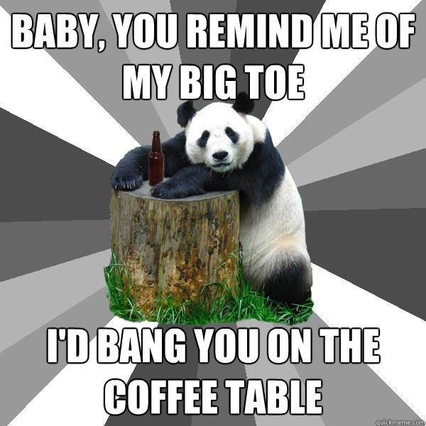 baby, You remind me of my big toe  i'd bang you on the coffee table  Pickup-Line Panda