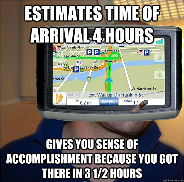 Estimates time of arrival 4 hours gives you sense of accomplishment because you got there in 3 1/2 hours Caption 3 goes here  Good Guy GPS