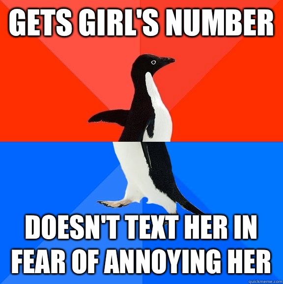 Gets girl's number Doesn't text her in fear of annoying her  Socially Awesome Awkward Penguin